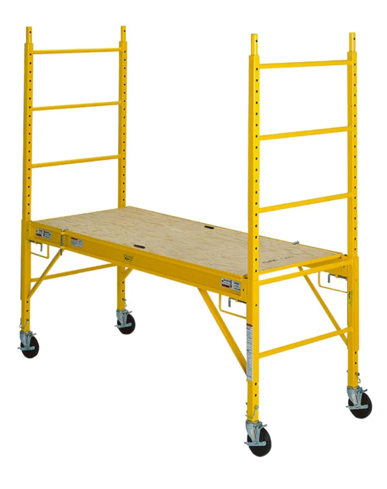 Utility scaffolding with yellow frame on wheels.