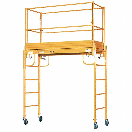 Extra tall utility scaffolding with yellow frame on wheels.